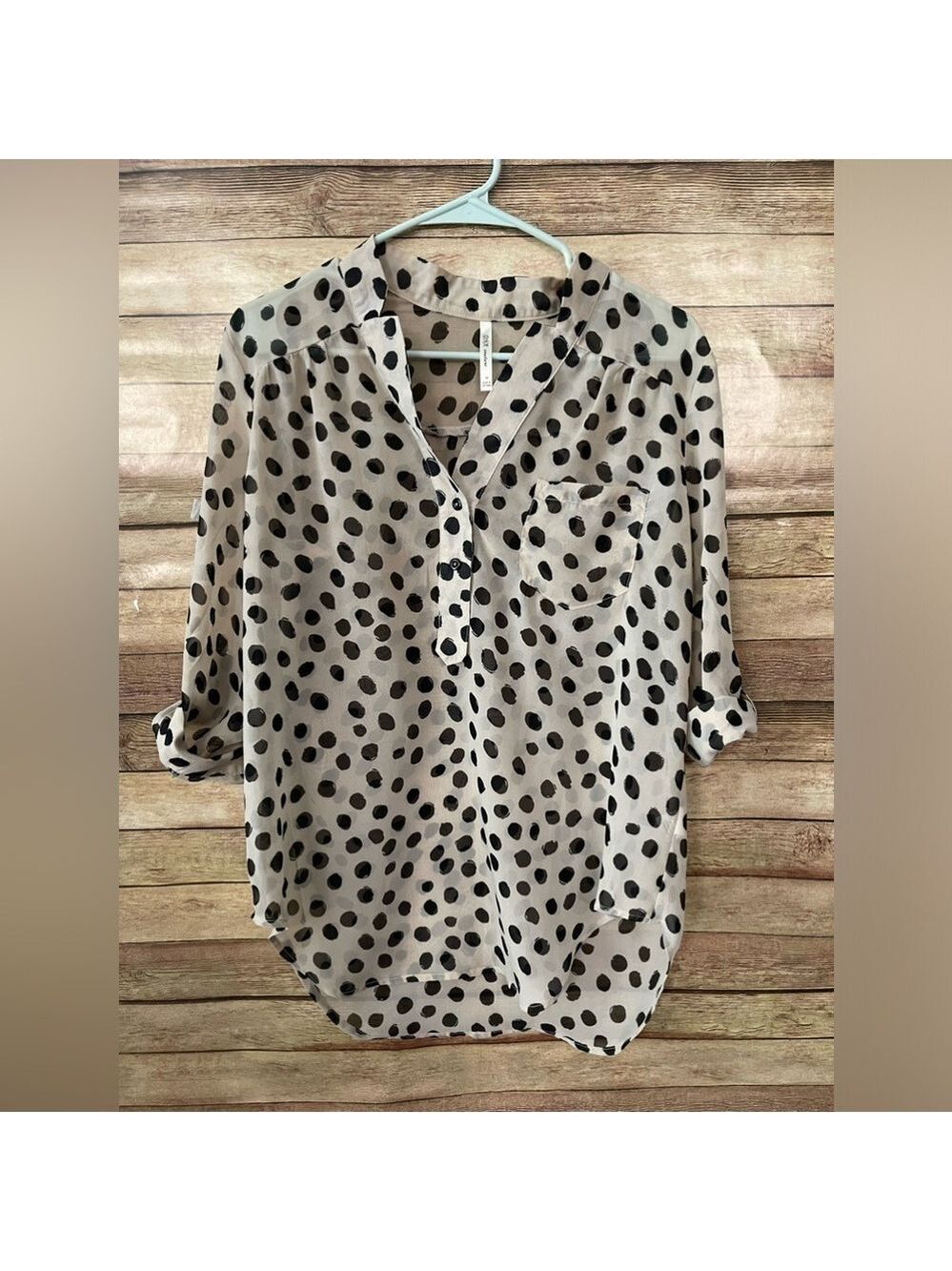 DNA Couture Women’s Sheer Polka Dot Button Down Blouse Size Medium